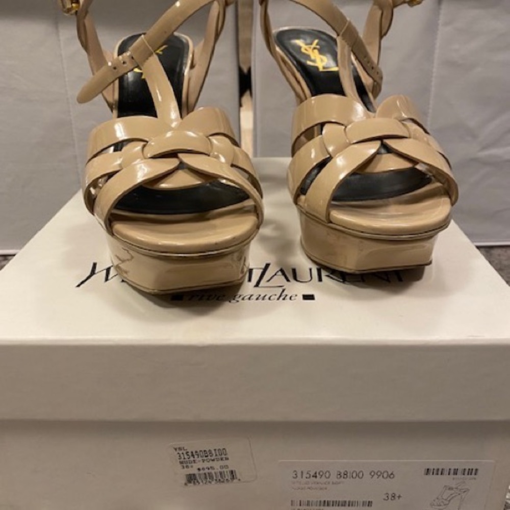 SAINT LAURENT Tribute Platform Sandals Beige 38.5 75mm